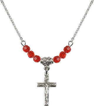 18" Rhodium Plated Necklace with 4mm Ruby Crystal Beads featuring a Sterling Silver Crucifix Medal.