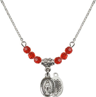 18" Rhodium Plated Necklace with 4mm Ruby Crystal Beads featuring a Sterling Silver Miraculous Medal.