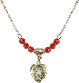 18" Hamilton Gold Plated Necklace with 4mm Ruby Crystal Beads featuring a 14kt Gold Filled Miraculous Medal.