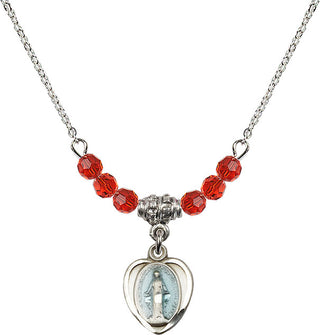 18" Rhodium Plated Necklace with 4mm Ruby Crystal Beads featuring a Sterling Silver Miraculous Medal.