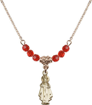 18" Hamilton Gold Plated Necklace with 4mm Ruby Crystal Beads featuring a 14kt Gold Filled Infant of Prague Medal.