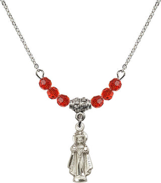 18" Rhodium Plated Necklace with 4mm Ruby Crystal Beads featuring a Sterling Silver Infant of Prague Medal.