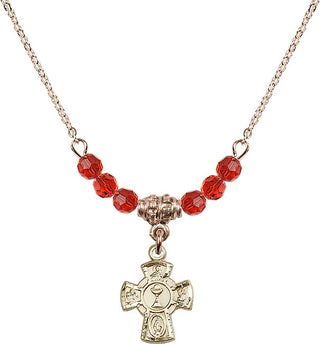 18" Hamilton Gold Plated Necklace with 4mm Ruby Crystal Beads featuring a 14kt Gold Filled 5-Way / Chalice Medal.