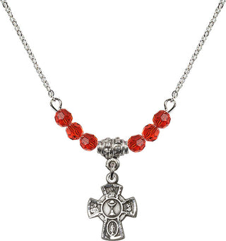 18" Rhodium Plated Necklace with 4mm Ruby Crystal Beads featuring a Sterling Silver 5-Way / Chalice Medal.