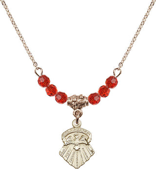 18" Hamilton Gold Plated Necklace with 4mm Ruby Crystal Beads featuring a 14kt Gold Filled Seven Gifts Medal.