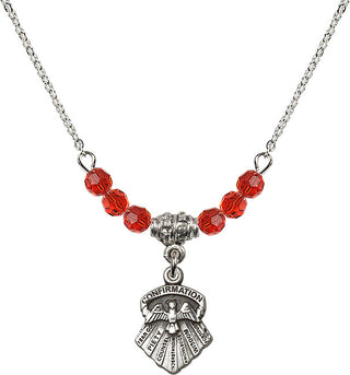 18" Rhodium Plated Necklace with 4mm Ruby Crystal Beads featuring a Sterling Silver Seven Gifts Medal.