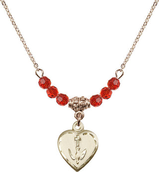 18" Hamilton Gold Plated Necklace with 4mm Ruby Crystal Beads featuring a 14kt Gold Filled Heart / Confirmation Medal.