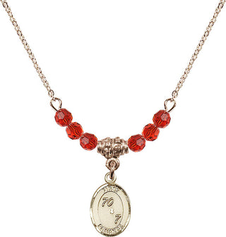 18" Hamilton Gold Plated Necklace with 4mm Ruby Crystal Beads featuring a 14kt Gold Filled First Penance Medal.