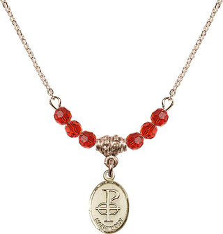18" Hamilton Gold Plated Necklace with 4mm Ruby Crystal Beads featuring a 14kt Gold Filled Matrimony Medal.