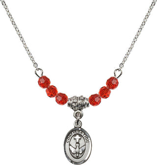 18" Rhodium Plated Necklace with 4mm Ruby Crystal Beads featuring a Sterling Silver Confirmation Medal.