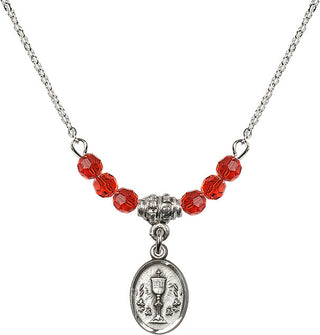18" Rhodium Plated Necklace with 4mm Ruby Crystal Beads featuring a Sterling Silver Chalice Medal.