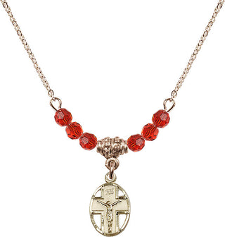 18" Hamilton Gold Plated Necklace with 4mm Ruby Crystal Beads featuring a 14kt Gold Filled Crucifix Medal.