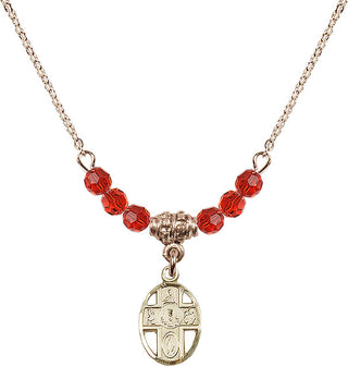18" Hamilton Gold Plated Necklace with 4mm Ruby Crystal Beads featuring a 14kt Gold Filled 5-Way / Chalice Medal.