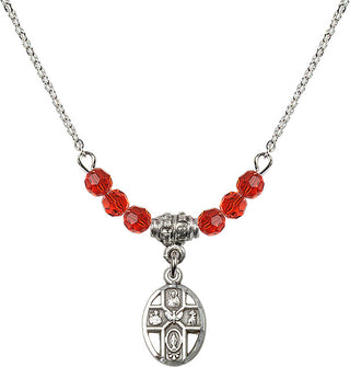 18" Rhodium Plated Necklace with 4mm Ruby Crystal Beads featuring a Sterling Silver 5-Way Medal.