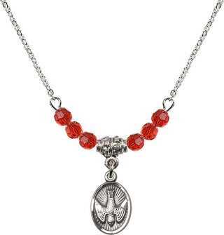 18" Rhodium Plated Necklace with 4mm Ruby Crystal Beads featuring a Sterling Silver Holy Spirit Medal.