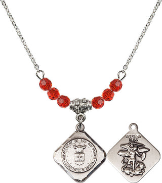 18" Rhodium Plated Necklace with 4mm Ruby Crystal Beads featuring a Sterling Silver Air Force Diamond Medal.