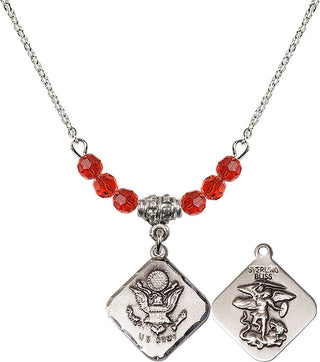 18" Rhodium Plated Necklace with 4mm Ruby Crystal Beads featuring a Sterling Silver Army Diamond Medal.