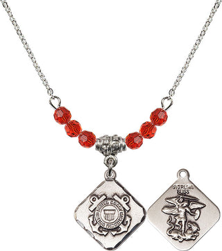 18" Rhodium Plated Necklace with 4mm Ruby Crystal Beads featuring a Sterling Silver Coast Guard Diamond Medal.