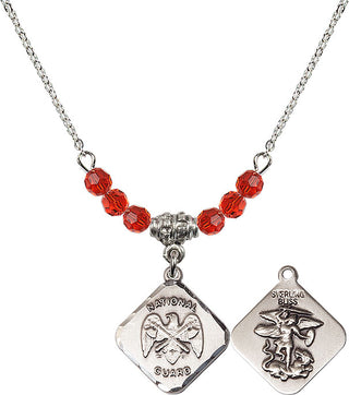 18" Rhodium Plated Necklace with 4mm Ruby Crystal Beads featuring a Sterling Silver Nat'l Guard Diamond Medal.