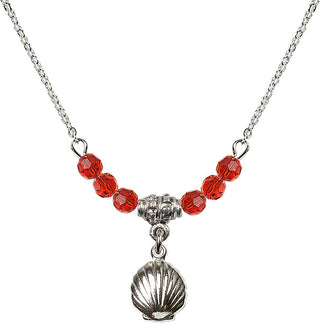 18" Rhodium Plated Necklace with 4mm Ruby Crystal Beads featuring a Sterling Silver Shell Medal.