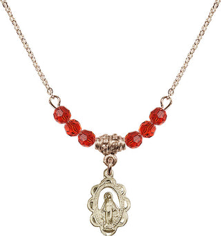 18" Hamilton Gold Plated Necklace with 4mm Ruby Crystal Beads featuring a 14kt Gold Filled Miraculous Medal.