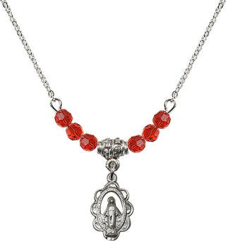 18" Rhodium Plated Necklace with 4mm Ruby Crystal Beads featuring a Sterling Silver Miraculous Medal.