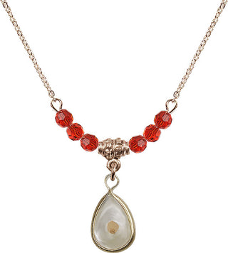 18" Hamilton Gold Plated Necklace with 4mm Ruby Crystal Beads featuring a 14kt Gold Filled Mustard Seed Medal.