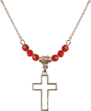 18" Hamilton Gold Plated Necklace with 4mm Ruby Crystal Beads featuring a 14kt Gold Filled Cross Medal.