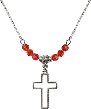 18" Rhodium Plated Necklace with 4mm Ruby Crystal Beads featuring a Sterling Silver Cross Medal.