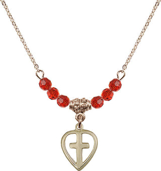 18" Hamilton Gold Plated Necklace with 4mm Ruby Crystal Beads featuring a 14kt Gold Filled Heart / Cross Medal.