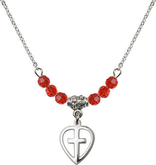 18" Rhodium Plated Necklace with 4mm Ruby Crystal Beads featuring a Sterling Silver Heart / Cross Medal.