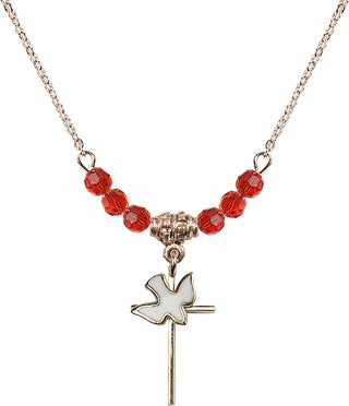 18" Hamilton Gold Plated Necklace with 4mm Ruby Crystal Beads featuring a 14kt Gold Filled Cross / Holy Spirit Medal.