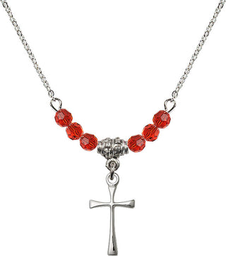 18" Rhodium Plated Necklace with 4mm Ruby Crystal Beads featuring a Sterling Silver Maltese Cross Medal.