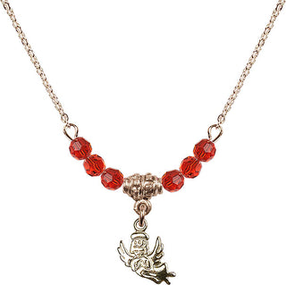 18" Hamilton Gold Plated Necklace with 4mm Ruby Crystal Beads featuring a 14kt Gold Filled Guardian Angel Medal.