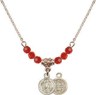 18" Hamilton Gold Plated Necklace with 4mm Ruby Crystal Beads featuring a 14kt Gold Filled Saint Benedict Medal.