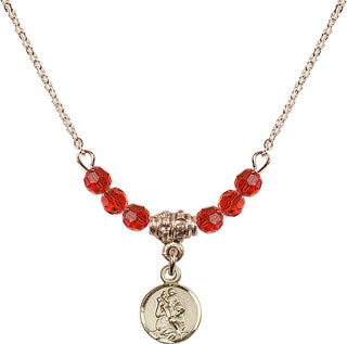 18" Hamilton Gold Plated Necklace with 4mm Ruby Crystal Beads featuring a 14kt Gold Filled Saint Christopher Medal.