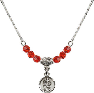 18" Rhodium Plated Necklace with 4mm Ruby Crystal Beads featuring a Sterling Silver Saint Christopher Medal.