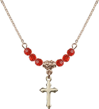 18" Hamilton Gold Plated Necklace with 4mm Ruby Crystal Beads featuring a 14kt Gold Filled Cross Medal.