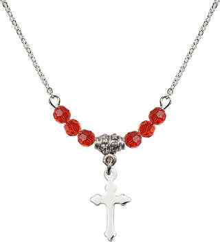 18" Rhodium Plated Necklace with 4mm Ruby Crystal Beads featuring a Sterling Silver Cross Medal.