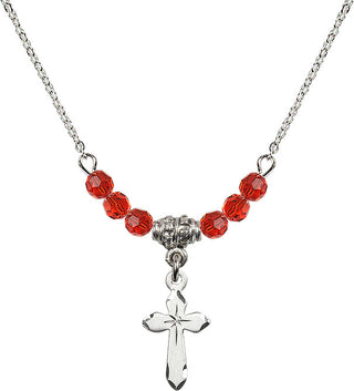18" Rhodium Plated Necklace with 4mm Ruby Crystal Beads featuring a Sterling Silver Cross Medal.
