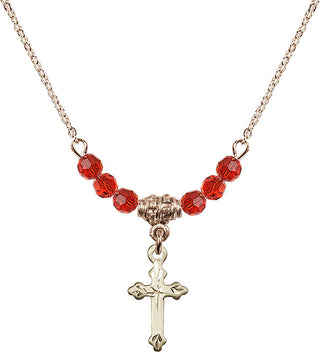 18" Hamilton Gold Plated Necklace with 4mm Ruby Crystal Beads featuring a 14kt Gold Filled Cross Medal.