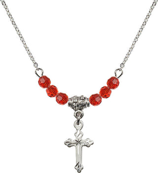 18" Rhodium Plated Necklace with 4mm Ruby Crystal Beads featuring a Sterling Silver Cross Medal.