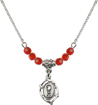 18" Rhodium Plated Necklace with 4mm Ruby Crystal Beads featuring a Sterling Silver Communion Medal.