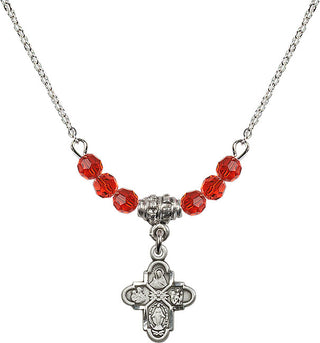 18" Rhodium Plated Necklace with 4mm Ruby Crystal Beads featuring a Sterling Silver 4-Way Medal.