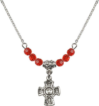 18" Rhodium Plated Necklace with 4mm Ruby Crystal Beads featuring a Sterling Silver 5-Way Medal.