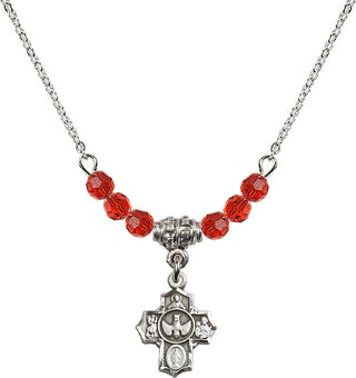 18" Rhodium Plated Necklace with 4mm Ruby Crystal Beads featuring a Sterling Silver 5-Way Medal.