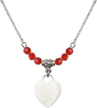 18" Rhodium Plated Necklace with 4mm Ruby Crystal Beads featuring a Sterling Silver Heart Medal. Engraved Catholic Saint Jewelry