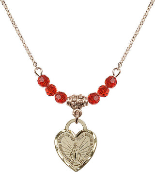 18" Hamilton Gold Plated Necklace with 4mm Ruby Crystal Beads featuring a 14kt Gold Filled Miraculous Heart Medal. Engraved Catholic Saint Jewelry