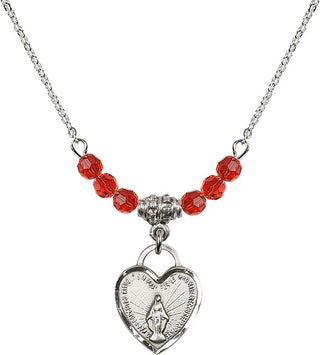18" Rhodium Plated Necklace with 4mm Ruby Crystal Beads featuring a Sterling Silver Miraculous Heart Medal. Engraved Catholic Saint Jewelry