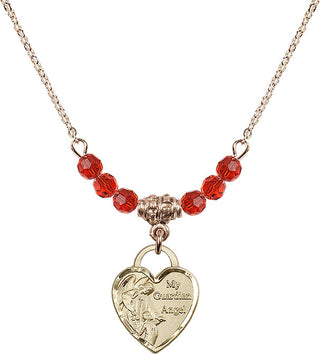 18" Hamilton Gold Plated Necklace with 4mm Ruby Crystal Beads featuring a 14kt Gold Filled Guardian Angel Heart Medal. Engraved Catholic Saint Jewelry